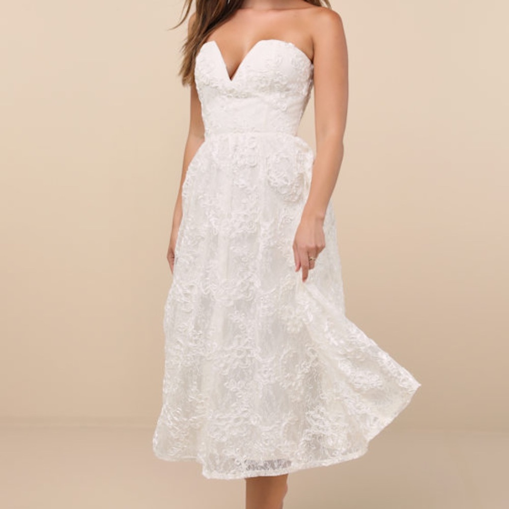 Lulus Galena Ivory Lace Applique Strapless Midi Dress White - Size S